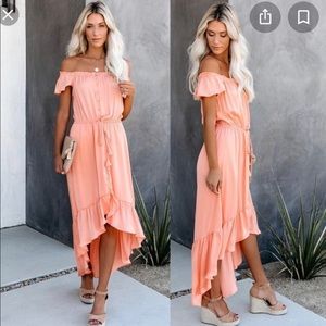 Vici Glaze High Low Off The Shoulder Maxi Dress- Cantelope color
